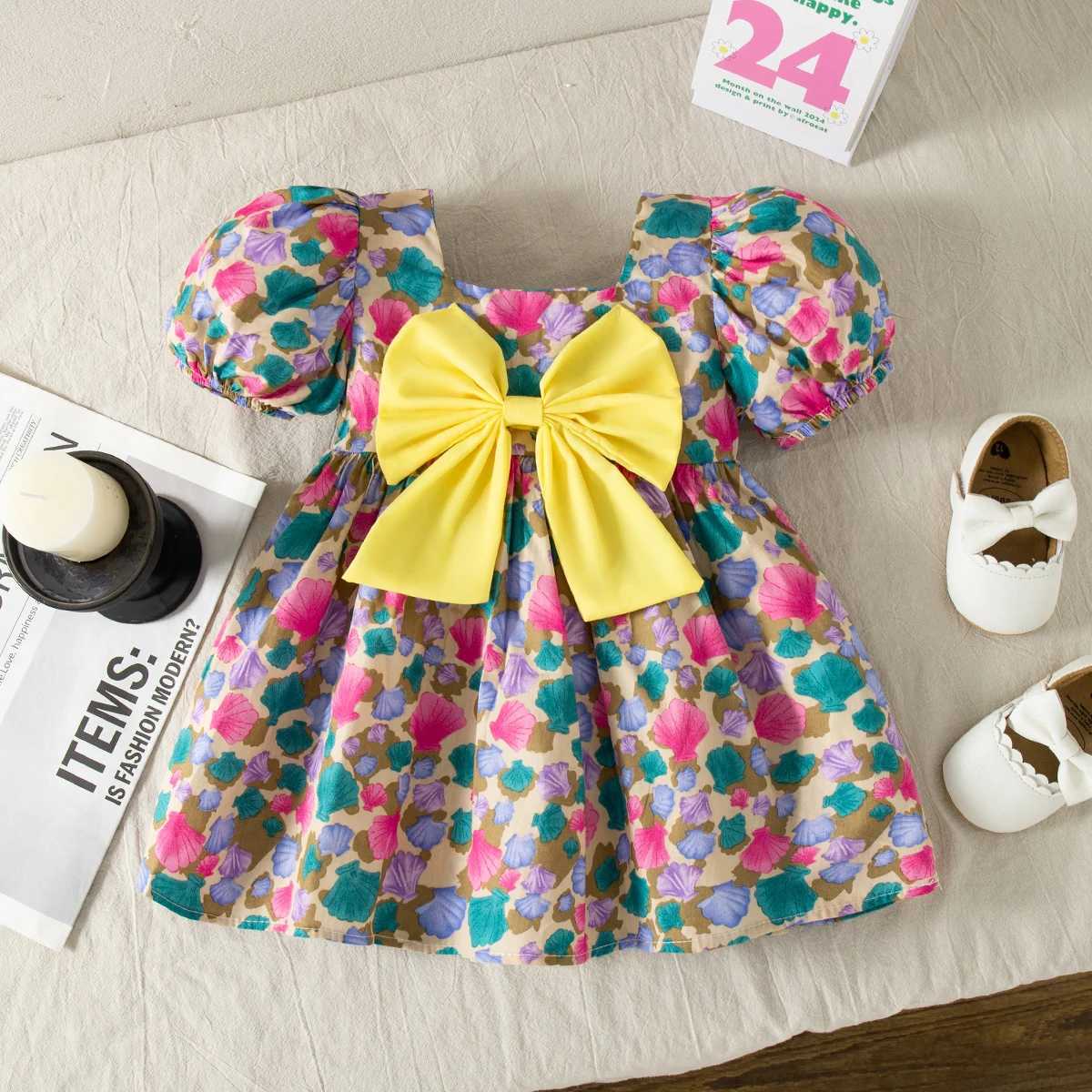 Baby Girl Summer Dress Full Printed Flower Bow Girls Dress Sweet Bubble Sleeve Girls Princess Dresses Baby Girl Clothing R250707