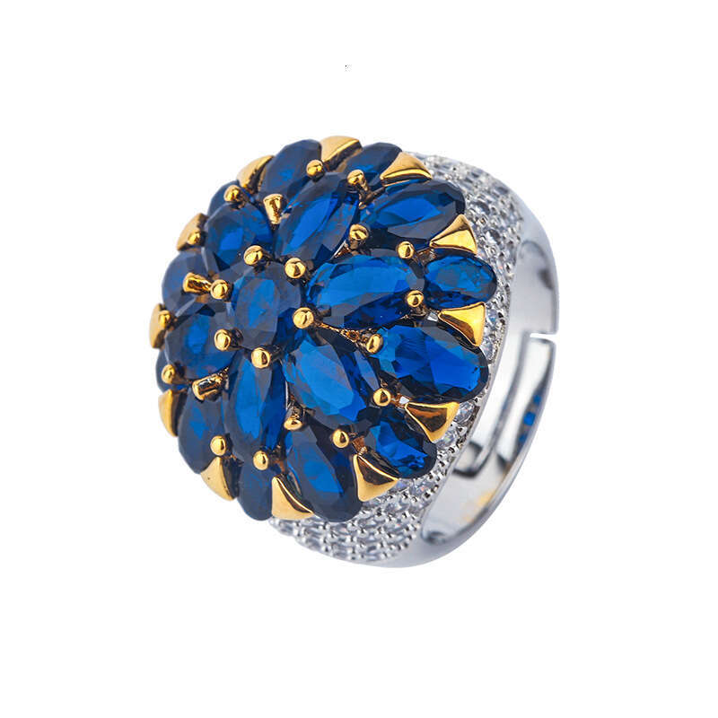 Pigeon Blood Palace Style Flower Blue Cubic Zirconia Red Corundum Gemstone Adjustable Ring D07