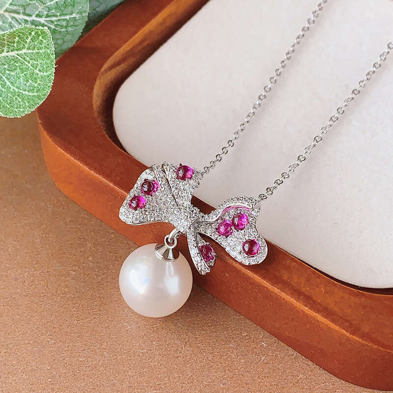 New Pearl Set Necklace Earrings Bowknot Style Jewelry Purple Changing Red Corundum Light Women 4Db