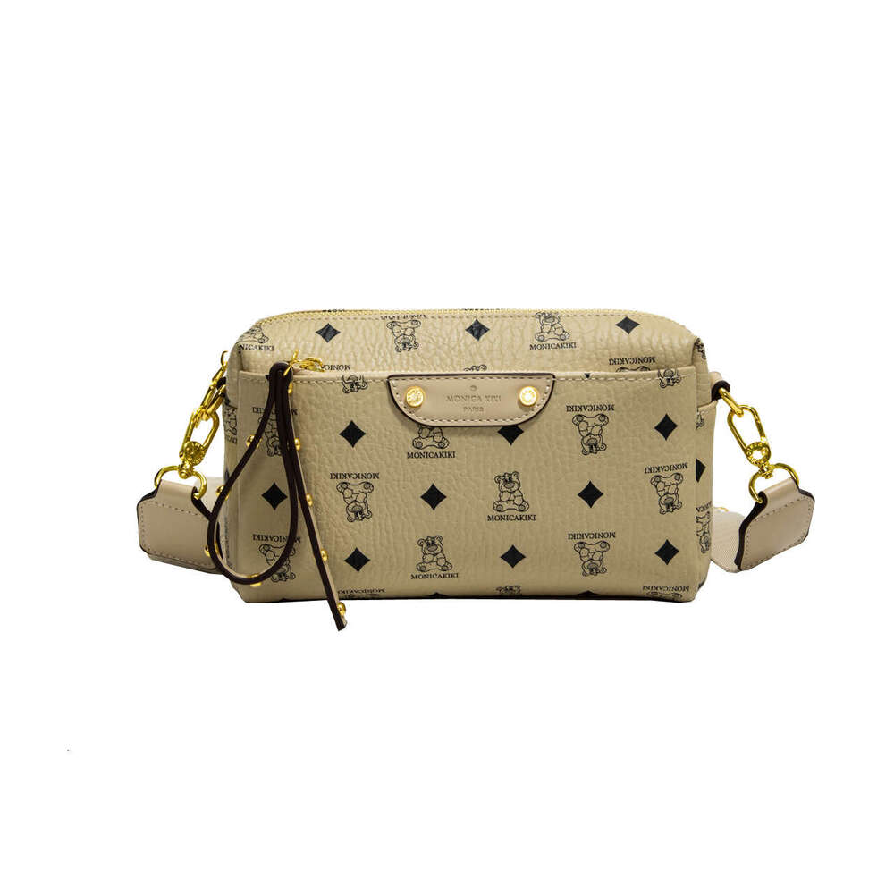Monica Qiqi Brown Bear Print Fashion Small Square Bag for Women 2025 New Wide Strap Single Shoulder Crossbody Internet Celebrity