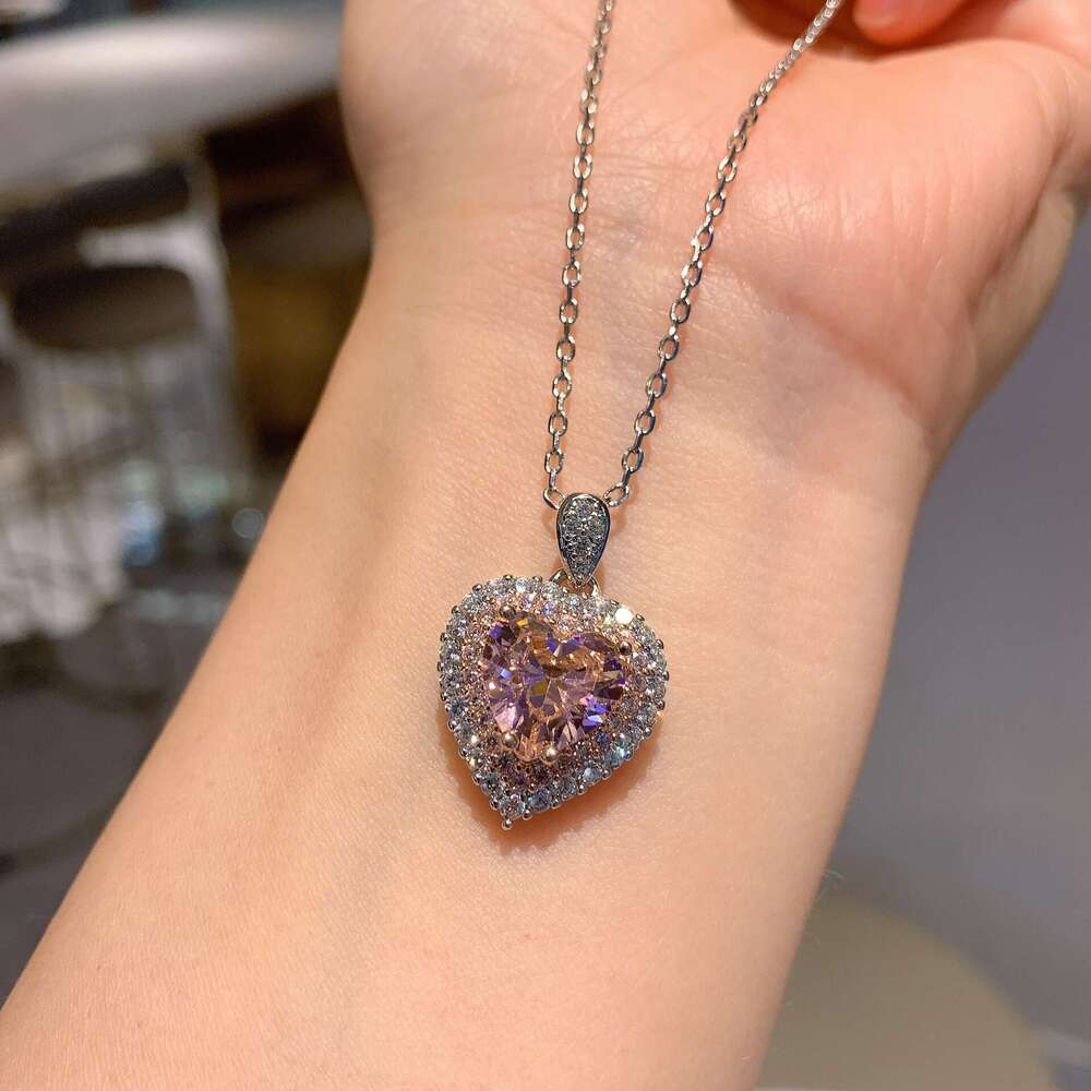Tiktok Live Pink Heart Necklace Heart-Shaped Zircon Jewelry Three-Piece Set For Women 12E