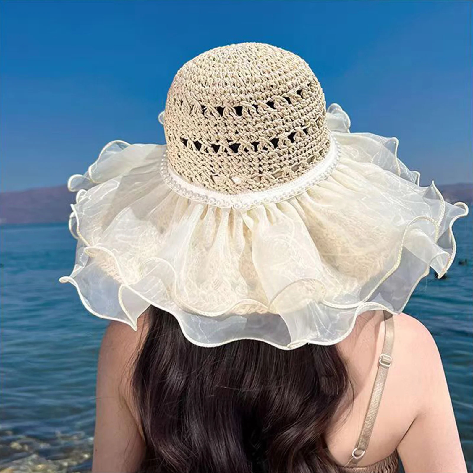 Womens Summer Sun Hat Wide Brim Straw Breathable Foldable Elegant Hats for Traveling Beach Fishing Hiking 250707