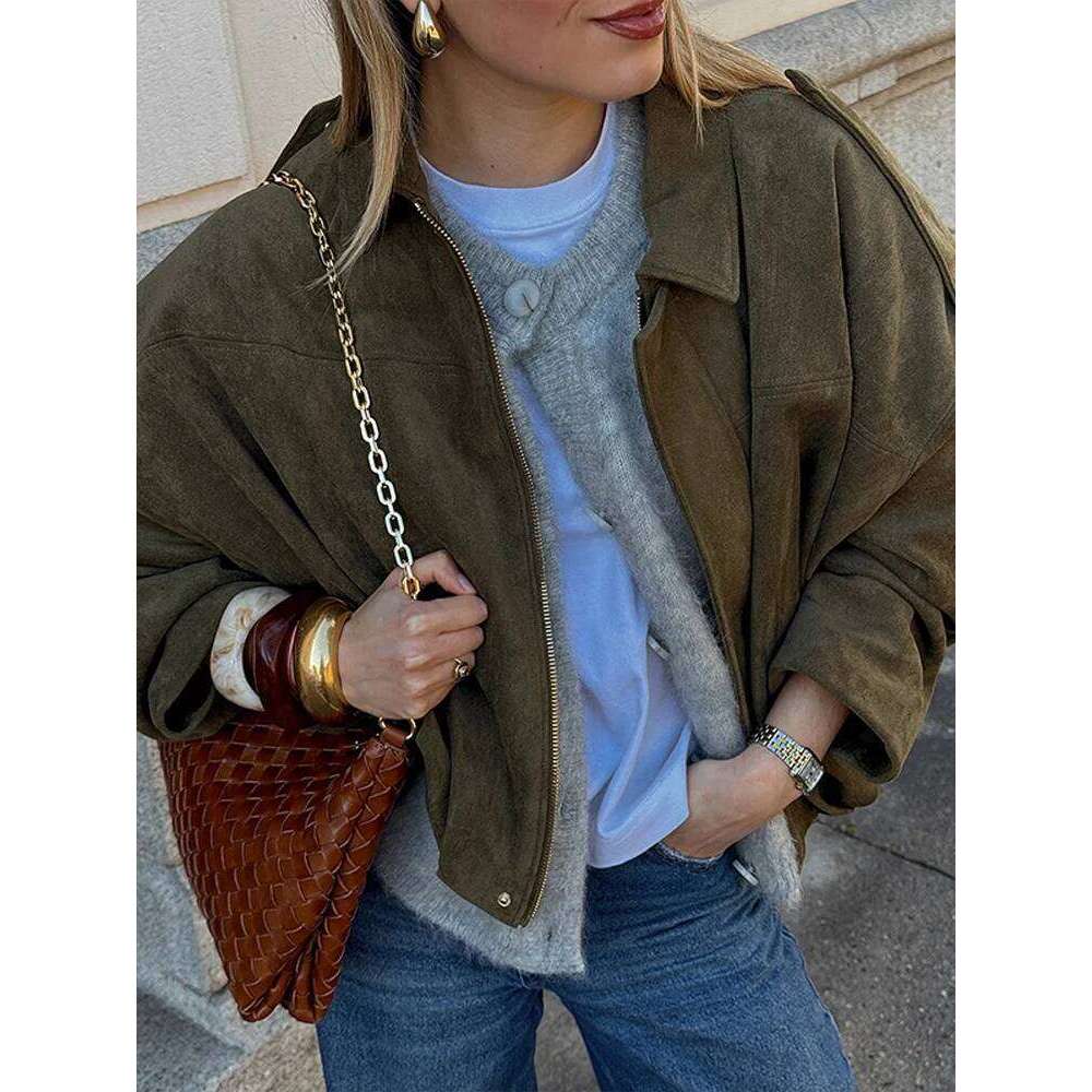 Vintage Suede Lapel Jacket for Women Casual Zipper Long Sleeve Female 2025 Spring New Lady Pockets Short Coats Streetwear
