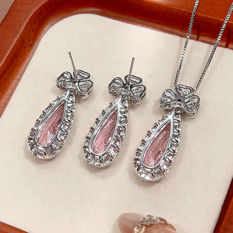 New Jewelry Set Earrings Necklace Pink Zircon Paraiba Emerald Water Drop Shape Women's Fashion Light A54