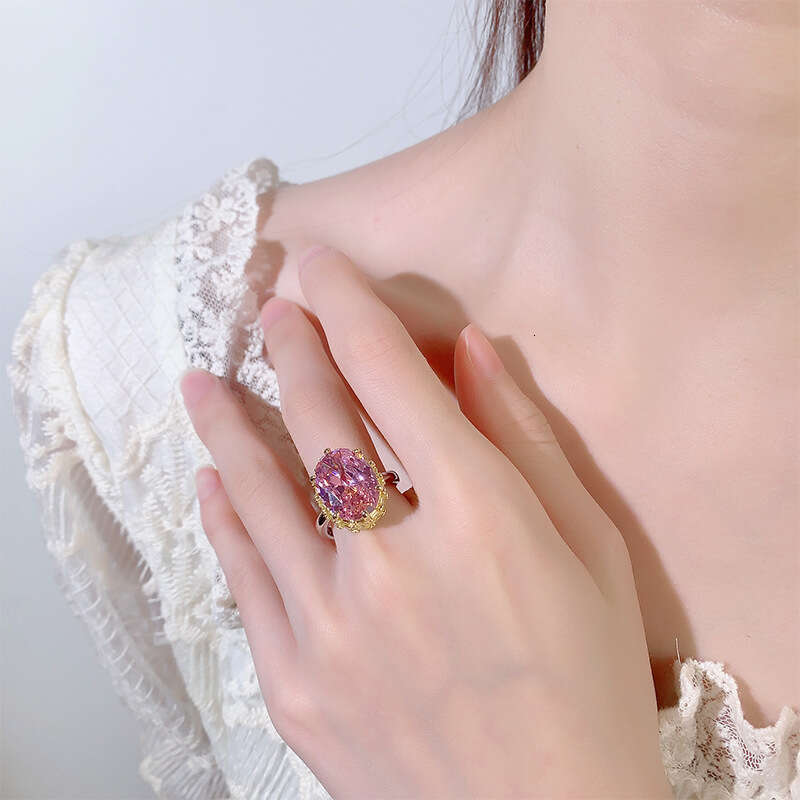 Gold-Plated Copper Full Small Square Oval Egg-Shaped Large Pink Diamond Ring Fashion Luxury Red Corundum Emerald Women's Cfd