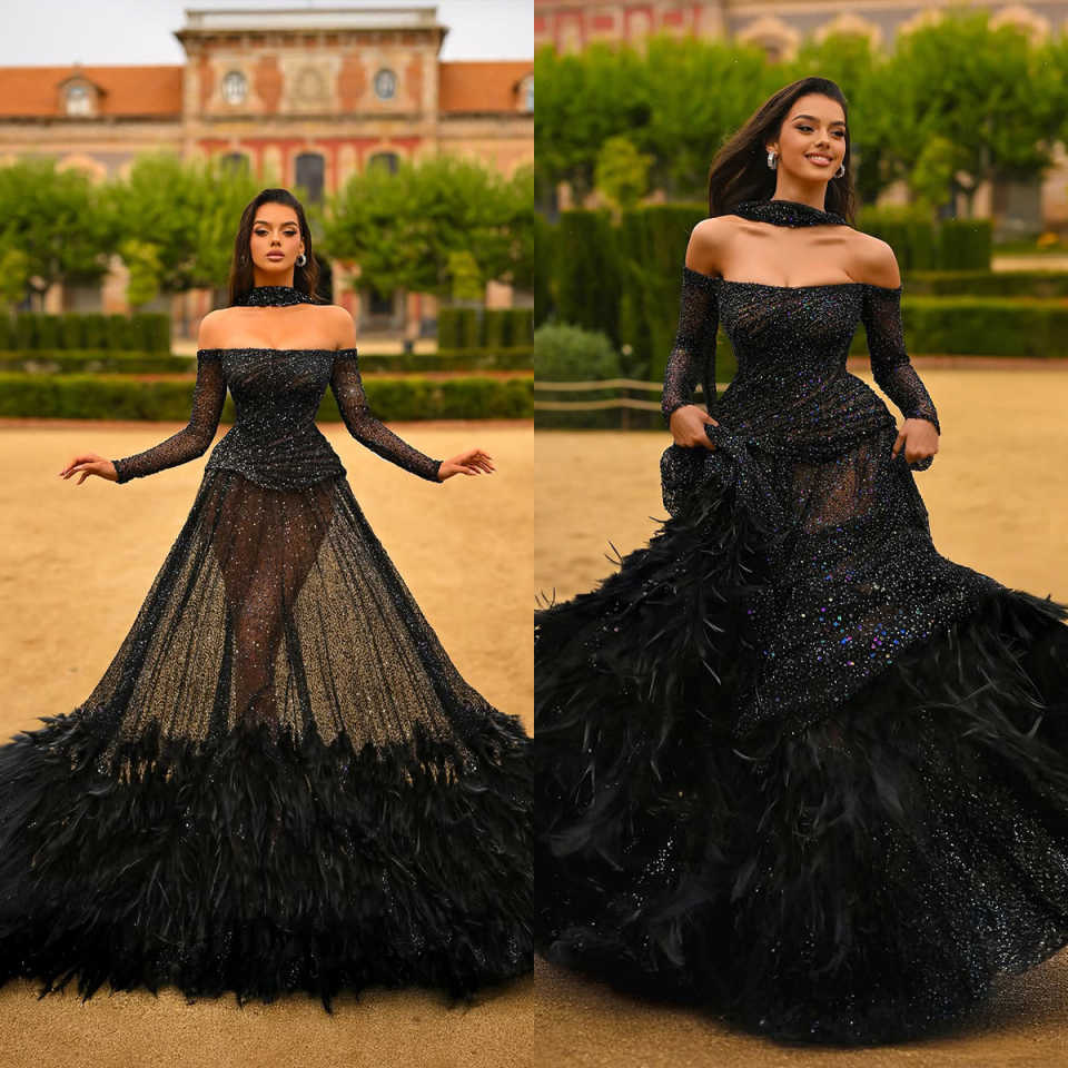 Gorgeous Feather A-Line Evening Dress Off Shoulder Long Sleeve Sequis Prom Gowns Sexy Floor Length Formal Dresses Customized