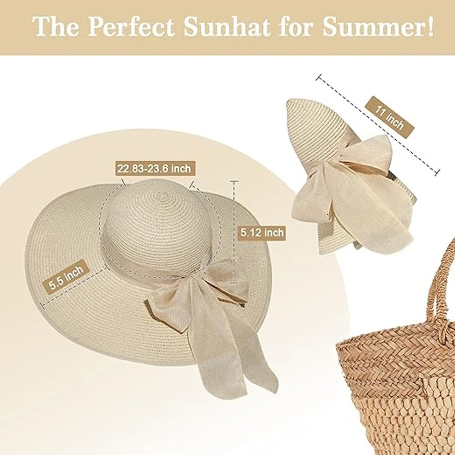 Ladies hats spring and summer styles large brimmed straw UV resistant sun foldable bow shaped hats 250707