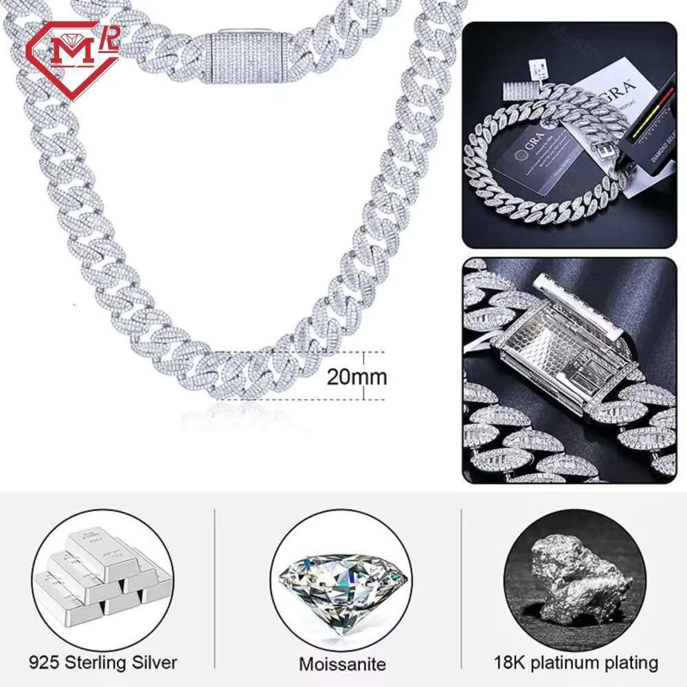 Hiphop 20MM Cuban Link Chain 925 Sterling Silver Iced Out VVS Baguette Moissanite Cuban Chain