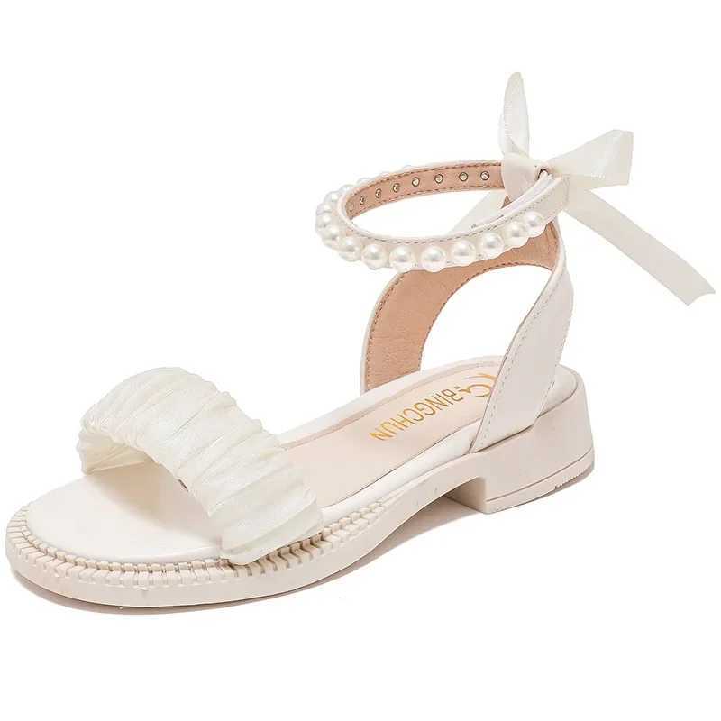 Childrens Sandals Summer Elegant Girl Princess Dress Bowtie Sandals Fashion Beading Ankle Strap Kids Casual Sweet Roman Sandals R250707