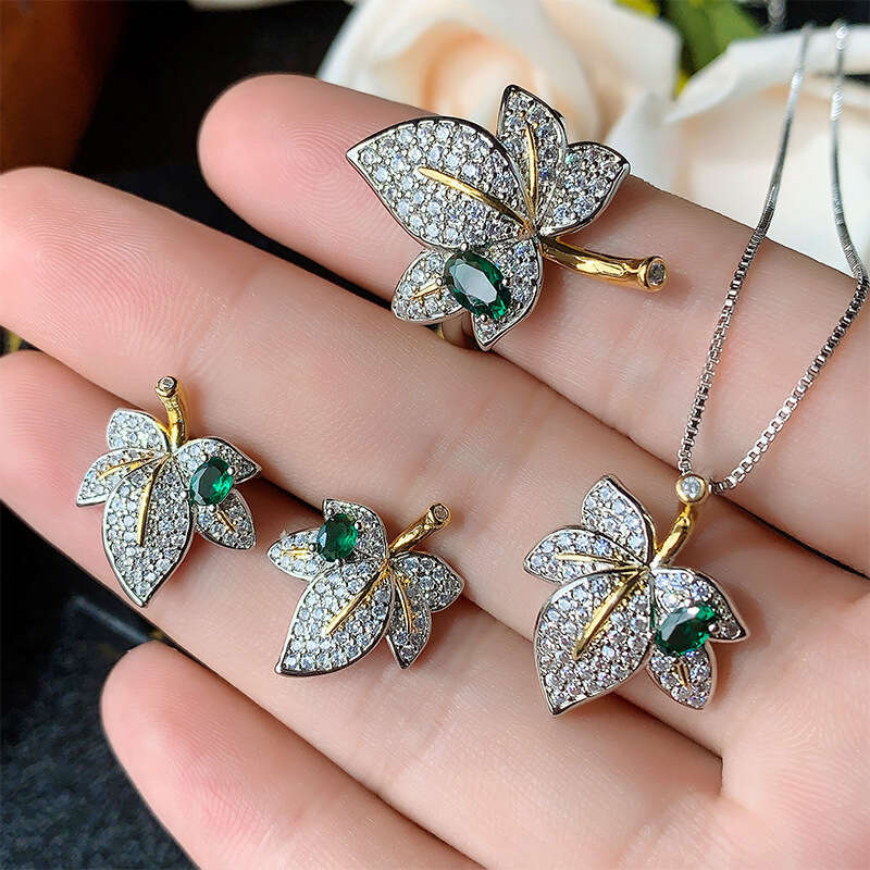 Autumn Winter New Jewelry Set Decorations Maple Leaf Shape Earrings Necklace Ring Fashion Light Emerald Women's Wholesale B44