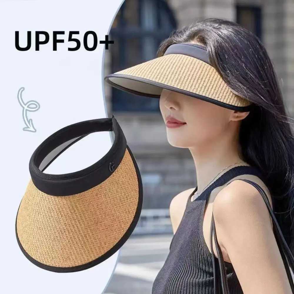 Sweet Sun Protection Straw Hat Practical Large Eaves Visors Beach Hat UV Protection Women Empty Top Ponytail Hats Y250707