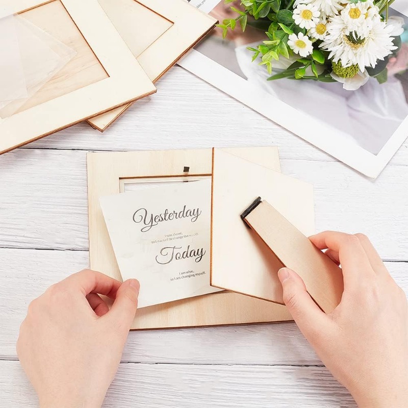 4pcs Unfinished Wooden Picture Frame Square x 6.3 Craft Set Natural Wood DIY Photo Frames for Tabletop Display H260306