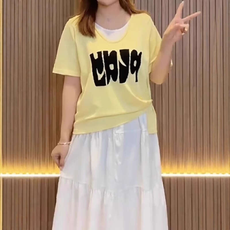 Fake Two-Piece Round Neck Short Sleeve T-Shirt For Women Summer Large Size Design Sense Patchwork Color Block Letter Commuter Top B5