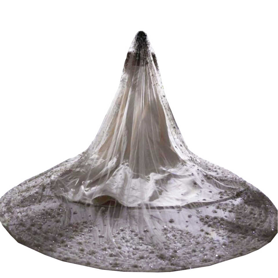 Graceful 3 Meters White Ivory Wedding Veils with Appliques Pearls Sequins Long Lace Edge Bridal Head Veil with Comb For Marriage Bride Women's Ac