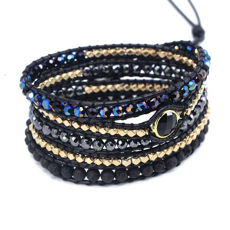 Adjustable Lava Stone Woven Vegan Bohemian Black Wax Rope Wrap Bracelet for Men and Women