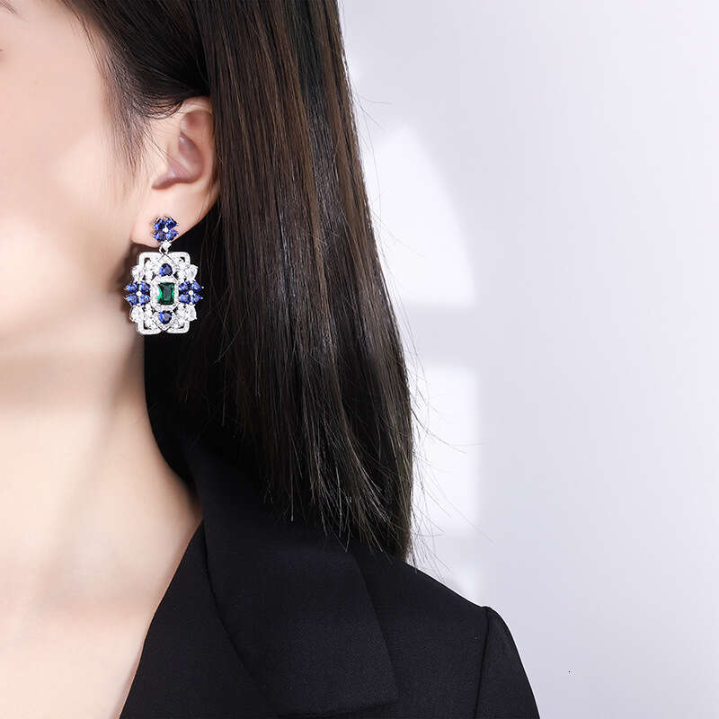 Court Style High-End Blue Heart Flower Square Stud For Women Micro-Inlaid Zircon Drop Earrings Fcd