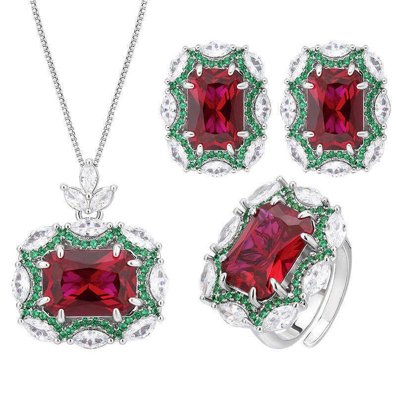 Wind Jewelry Set Necklace Ring Earrings Red Corundum Color-Changing High-End Light Fashion Women De3