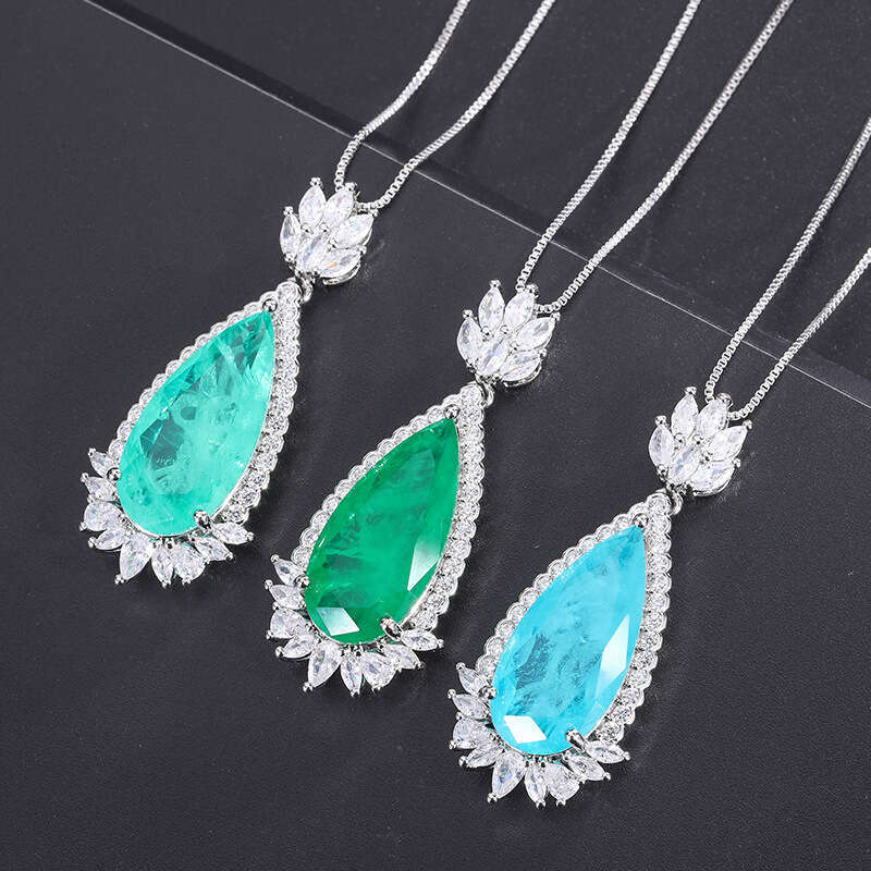 Fashion Gemstone Jewelry Emerald Necklace Water Drop Shape Inlaid Dia Paraiba Pendant For Women 438