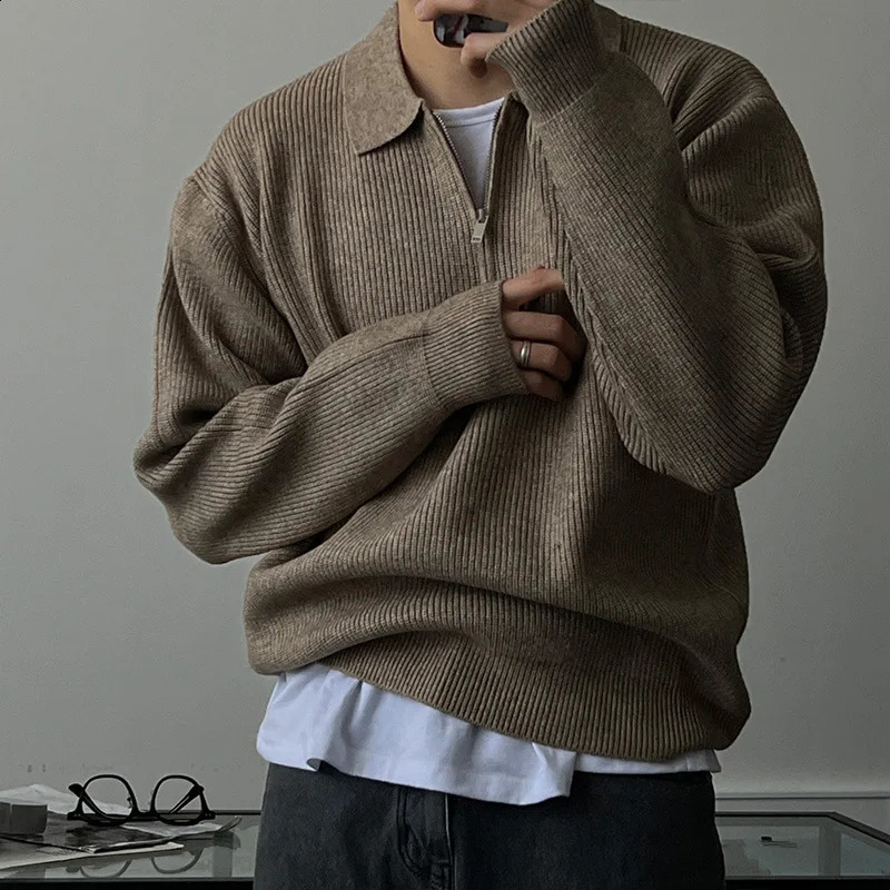Mens Polo Neck Zipper Knit Pullover Sweater Casual Fashion Solid Color Long Sleeve Streetwear Retro Knitwear 250703