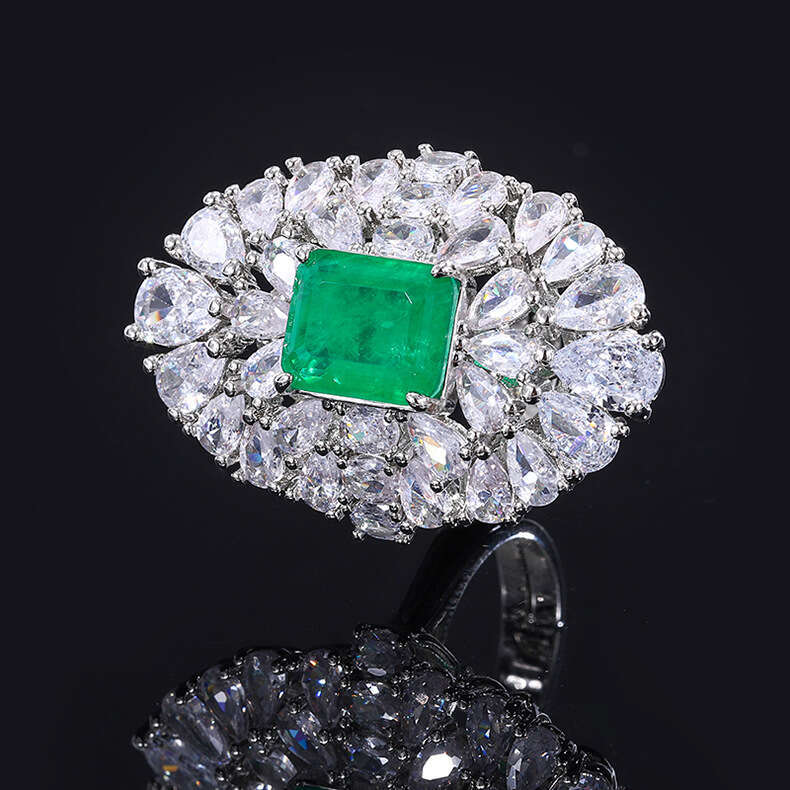 Luxurious Ring Aquamarine Zircon For Women, Copper Base With Gold Plating And Emerald Inlay 501