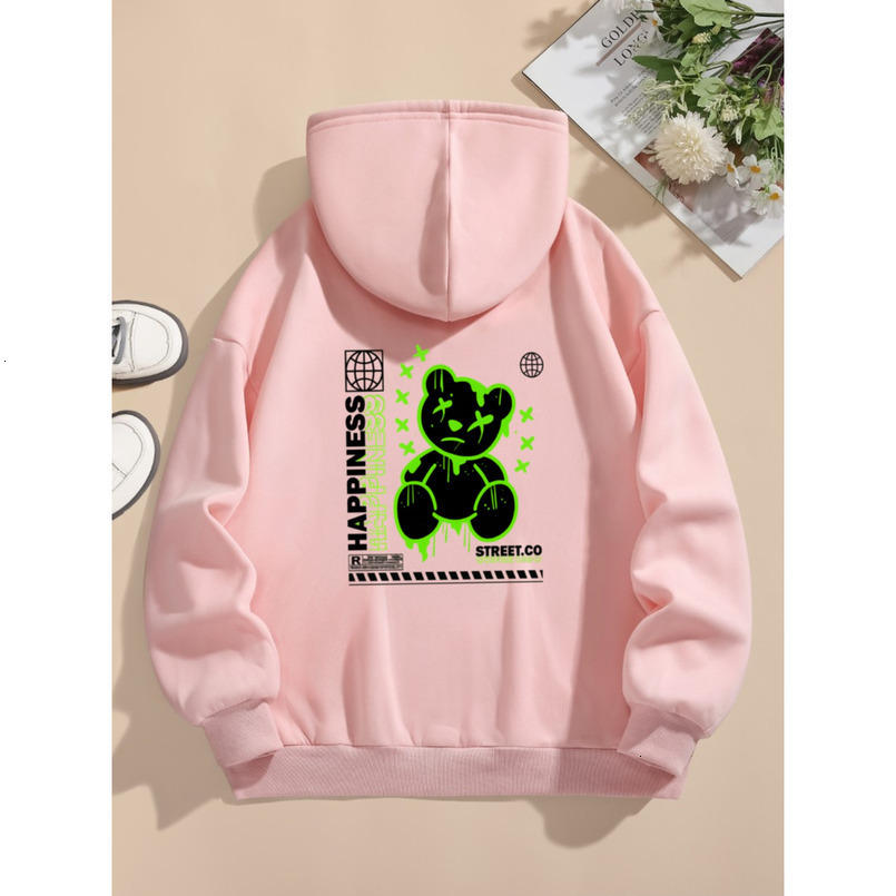 Women's Pastel Pink Hoodie - Soft with Drawstring Design, Autumn and Winter Casual Pullover Sweatshirt, Cartoon Bear Pattern, Machine Washable Fabric