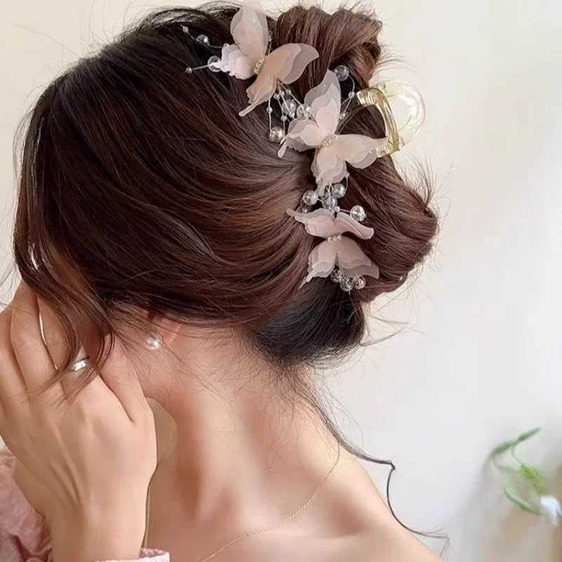New Butterfly Large Hair Claw for Thick Hair Claws Crab Women Sweet Pink Hairpin Ponytail Hair Clip Claw Accessories Y250707