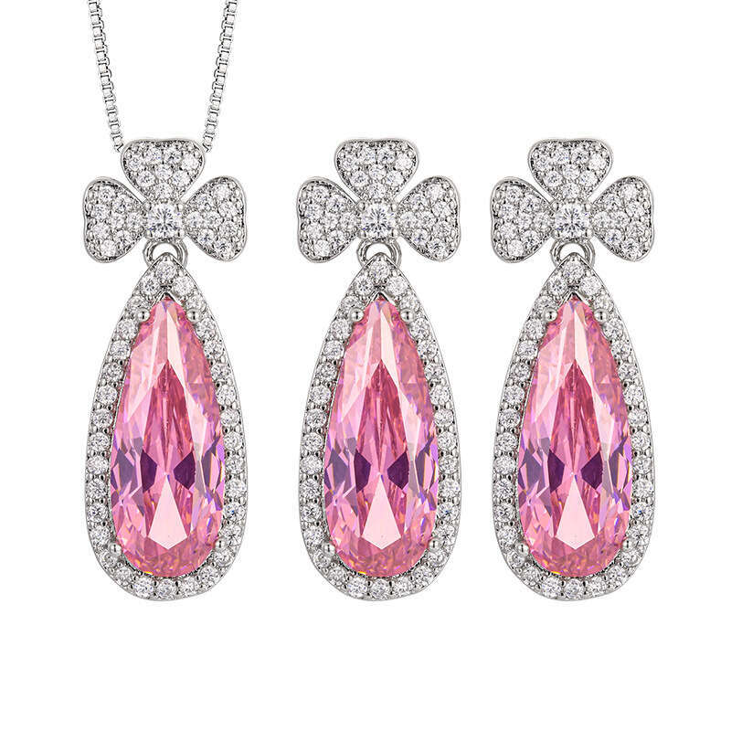 New Jewelry Set Earrings Necklace Pink Zircon Paraiba Emerald Water Drop Shape Women's Fashion Light A54