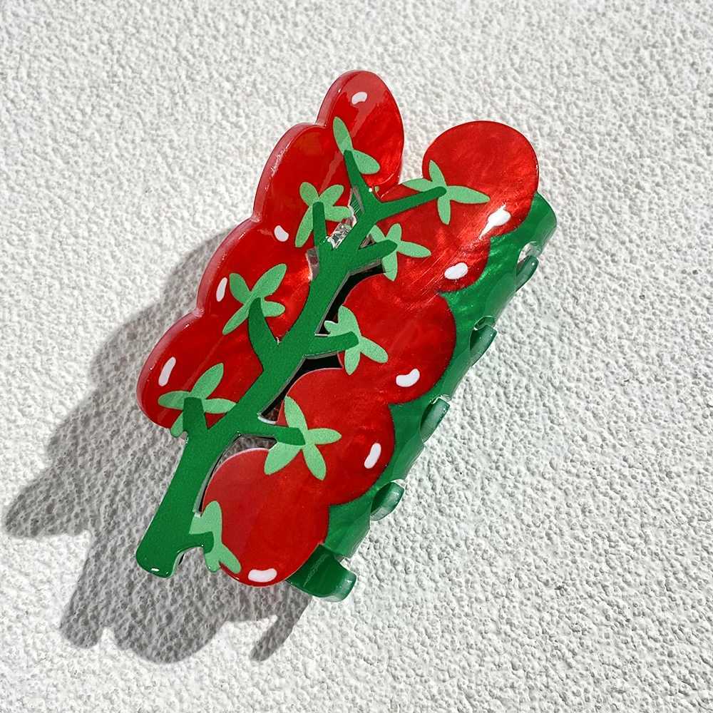 Red Cherry Tomatoes Double Sided Printed Shark Hair Clip Claw For Women Girls New Acrylic Fixed Ponytail Hairpin Hair Accessory Y250707