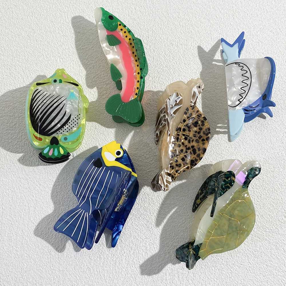 Creative Funny Acetate Tortoise Sturgeon Fish Shark Hairpin Oversize Marine Animal Barrettes Thick Hair Clip Claw Accessories Y250707