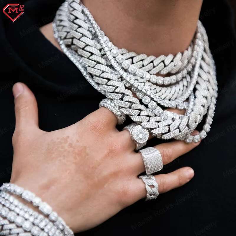 Hiphop 12mm Cuban Link Chain Men Necklace 2 Rows 925 Silver Vvs Iced Out Moissanite Cuban Chain