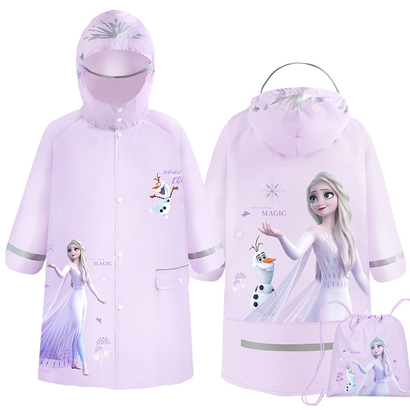 Disney Boys and girls raincoat Elsa princess backpack with large brim reflective strip design for night safety on large raincoat backpack position Com