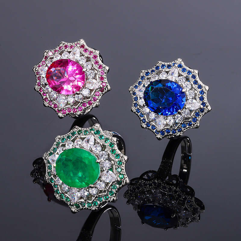 Jewelry Ring French Style Light Luxury Zircon Red Blue Emerald Women's High-End Accessories 1F8