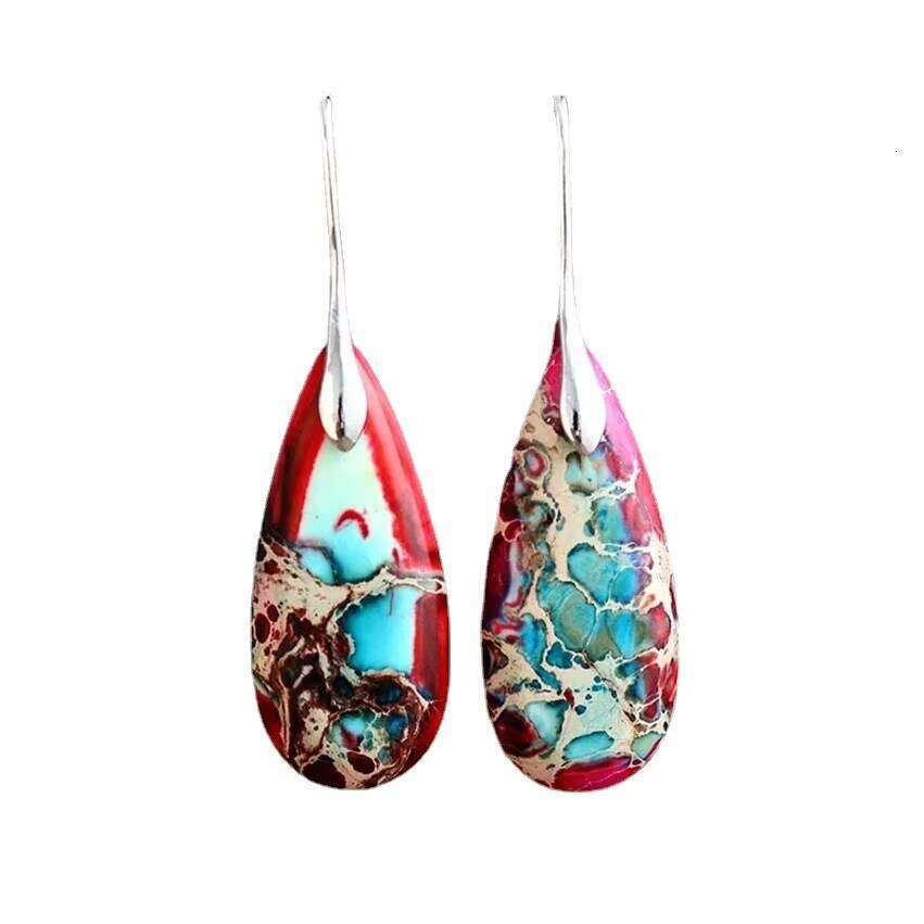 Natural Stone Red and Blue Matching Colorful Earrings Water Drop Studs - Shipped