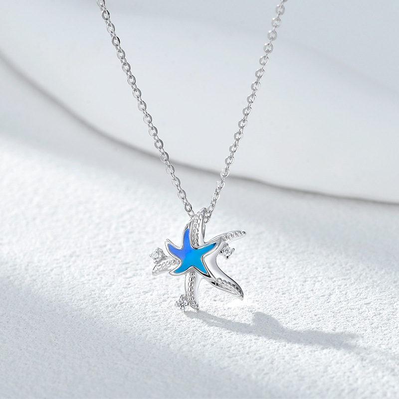 Exquisite Gold - Plated Starfish Necklace, Vivid Blue Enamel & Dazzling CZ Pendant, Skin - Friendly Beachcore Jewelry for Women