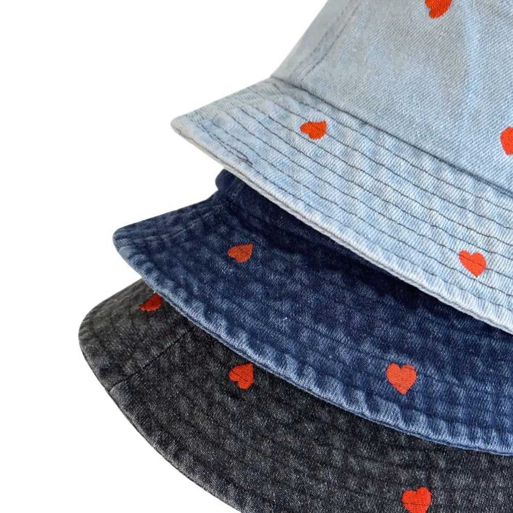 New Summer Hat For Women Denim Bucket Hat Embroidery Heart Butteryfly Daisy Wide Brim Fisherman Spring Best Matched Sun Hat Y250707