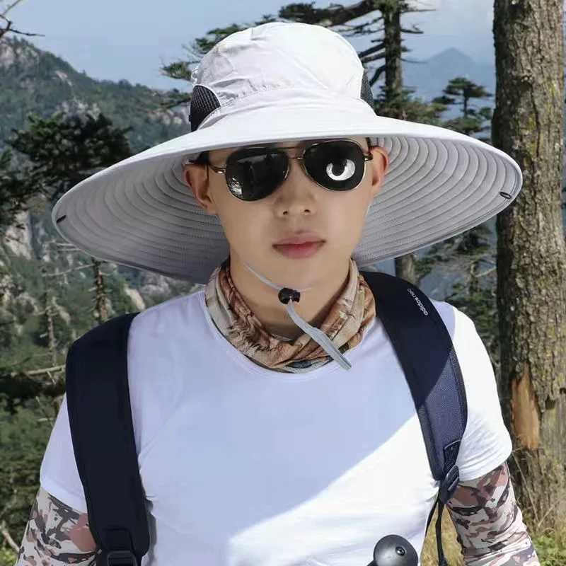 15cm Large Cap Polyester Sun Hat UV Protection Breathable Mesh Cap Foldable Fisherman Hat Outdoor Fishing Hiking Beach Caps Y250707
