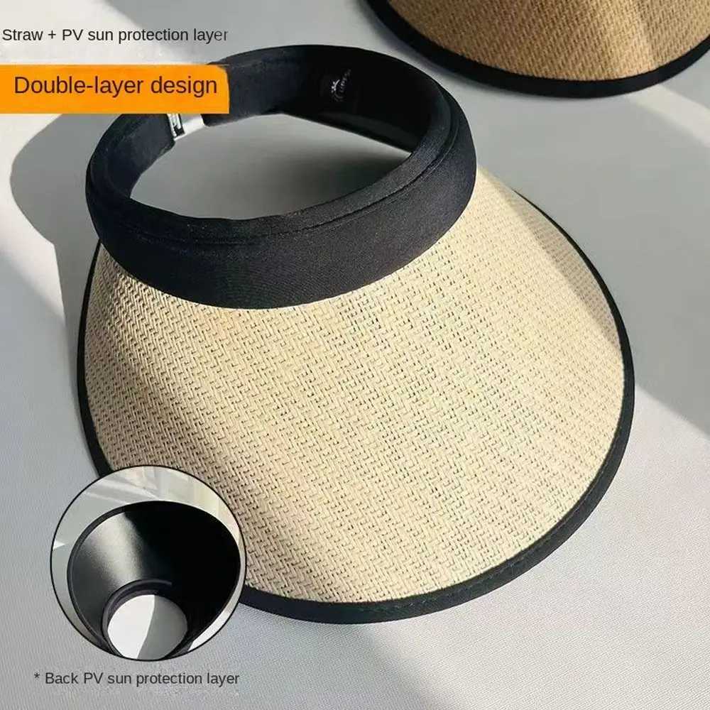 Sweet Sun Protection Straw Hat Practical Large Eaves Visors Beach Hat UV Protection Women Empty Top Ponytail Hats Y250707