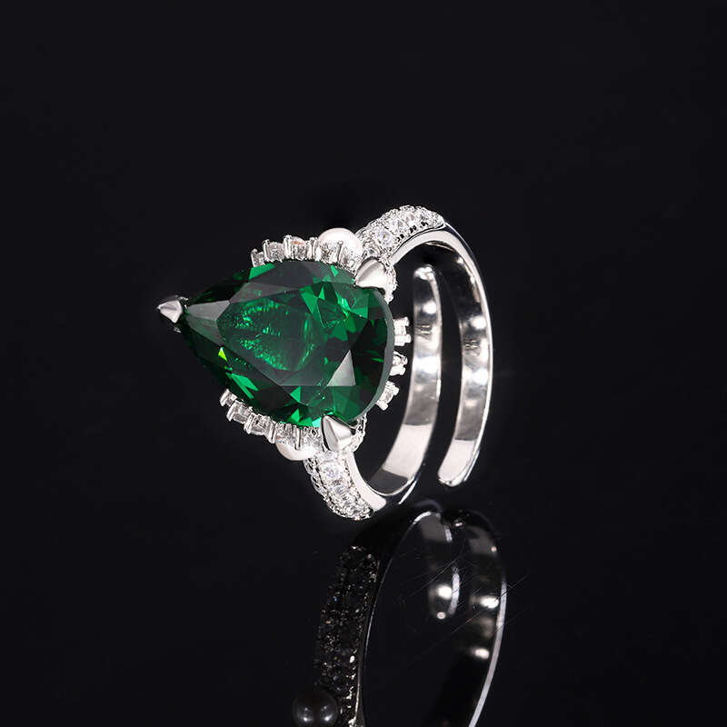 Light Luxury Simple Water Drop Pear-Shaped Versatile Royal Blue Crystal Aquamarine Emerald Open Ring For Women C75