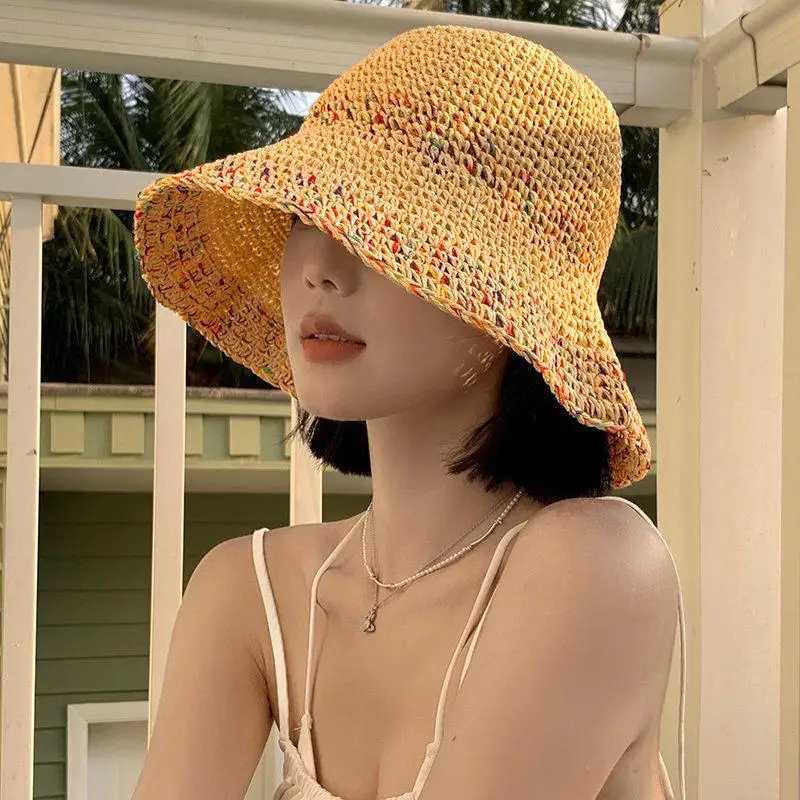 Rainbow Woven Womens Sunscreen Hat Summer Japanese Straw Hat Protective Fashion Breathable Hollow Beach Sun Hat Y250707