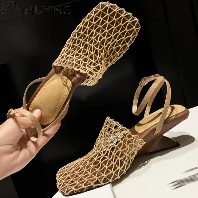 Weave Mesh Women Heeled Sandals Hollow High Heels Shoes Woman Square Toe Slingback 2025 Summer Trend Beach Pumps Sandalias Mujer 250703