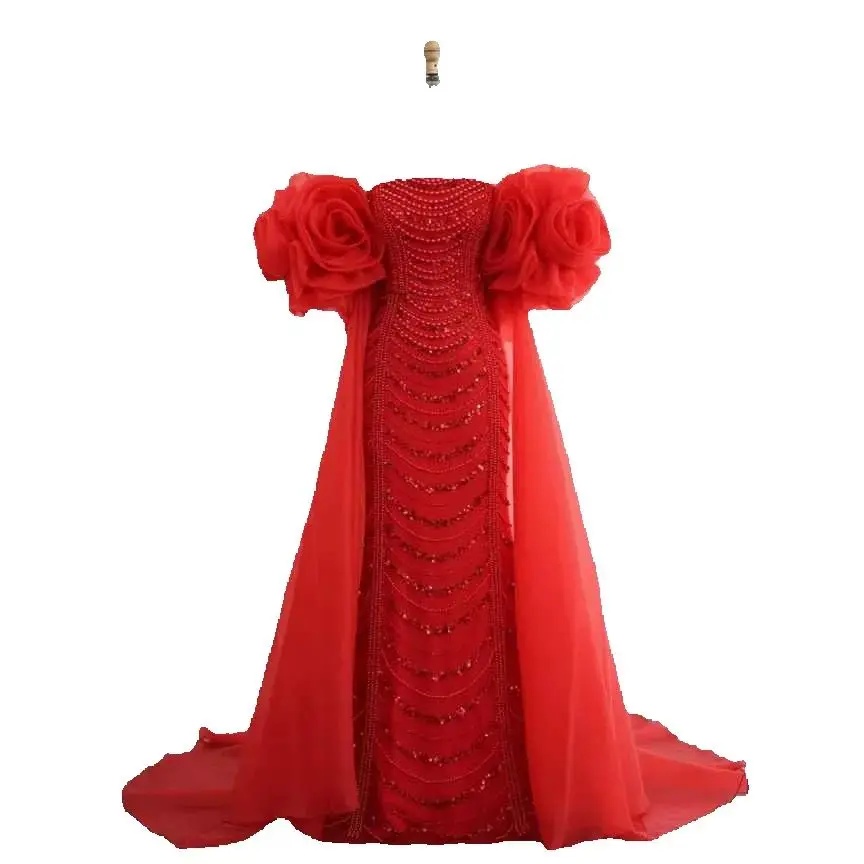 Sexy Strapless Pearls Mermaid Wedding Dresses Beading Sequins Arabic Bridal Gowns With Cape Floor Length Wedding Robe Customized