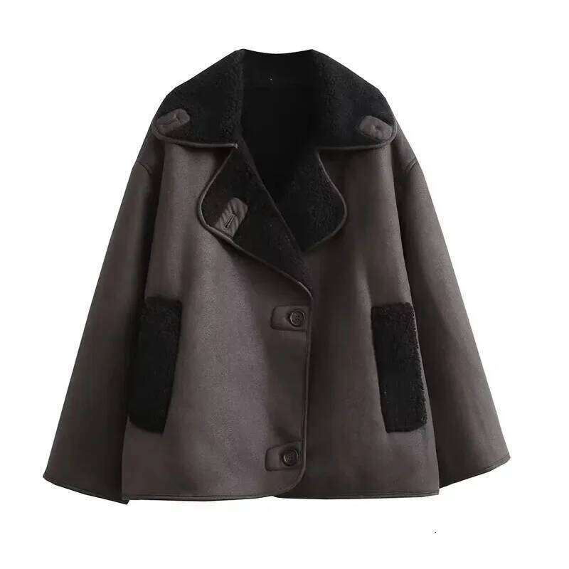 TRAF Fleeced Leather Women Outerwears Vintage Cold Faux Wool & Blends Coats For Woman Autumn Winter Plush Jacket