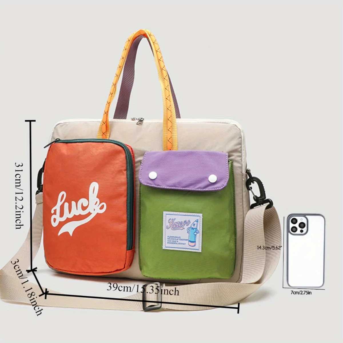 Womens niche color blocked cartoon pattern computer bag portable one shoulder handbag university style daily commuting bag