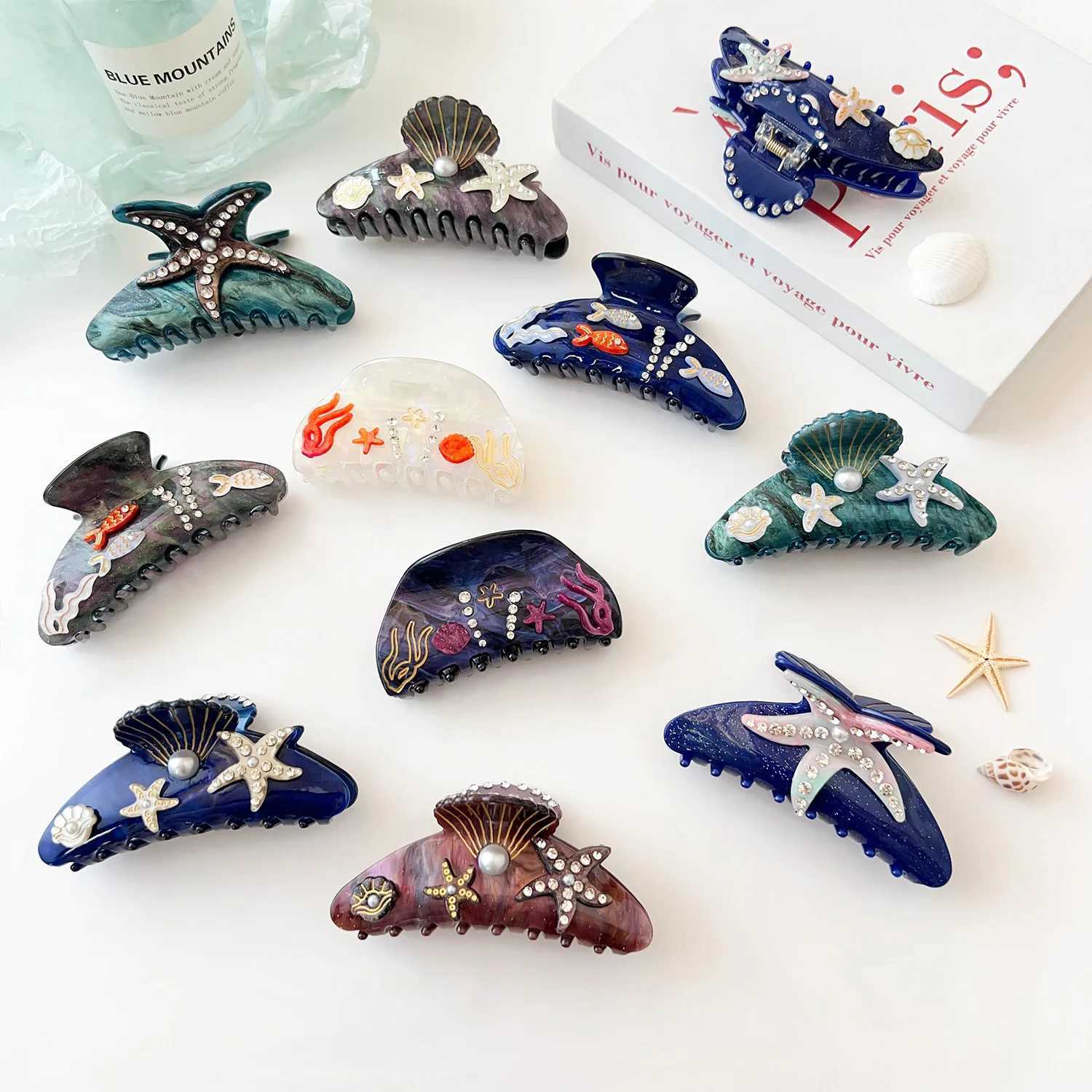 2023 Summer Rhinestone Starfish Hair Claw Acrylic Claw Clips Beach Ocean Series Crab Hair Clips for Women Hair Accessories Y250707