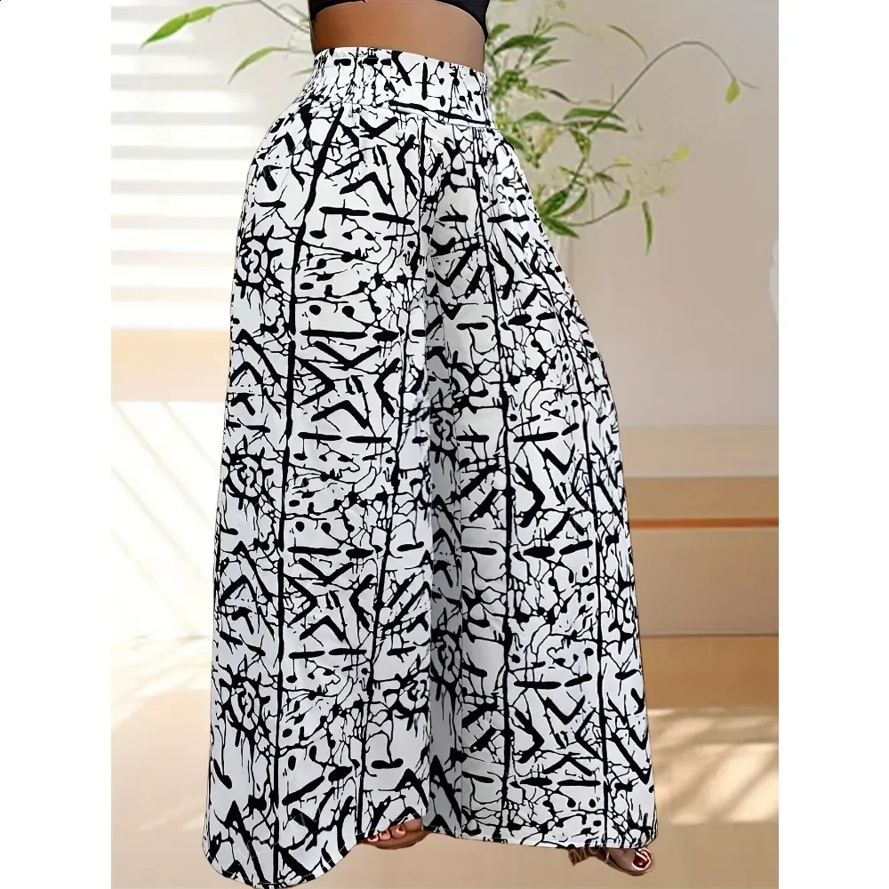 Plus Size 1XL5XL Womens Drawstring High Waisted Printed Wide Leg Pants Female Casual Elegant Loose Long Trousers 250628