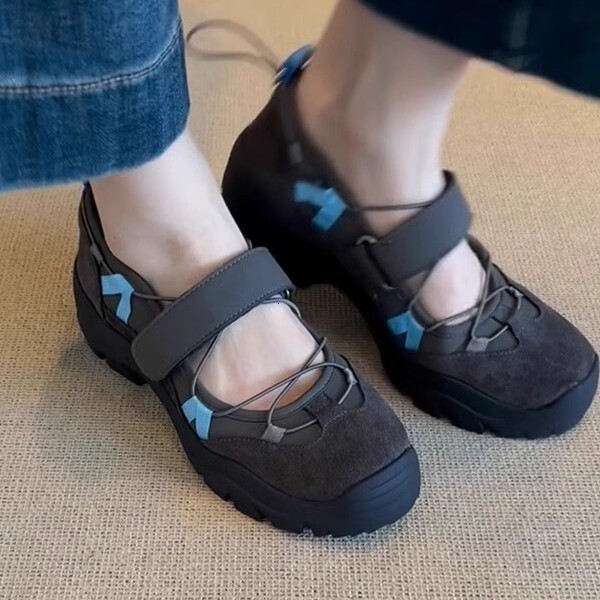 Genuine Leather Thick Sole Shallow Mouth Velcro Mary Jane for Women, Niche Designer Handmade Sports Casual Elegant Versatile Single Shoes