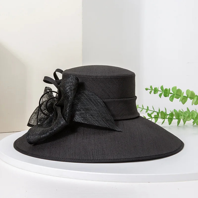 Elegant Wide Brim Black Hats For Women Big Bow Formal Occasion Kentucky Cap Lady Wedding Cocktail Party Flat Top Fedoras 250707
