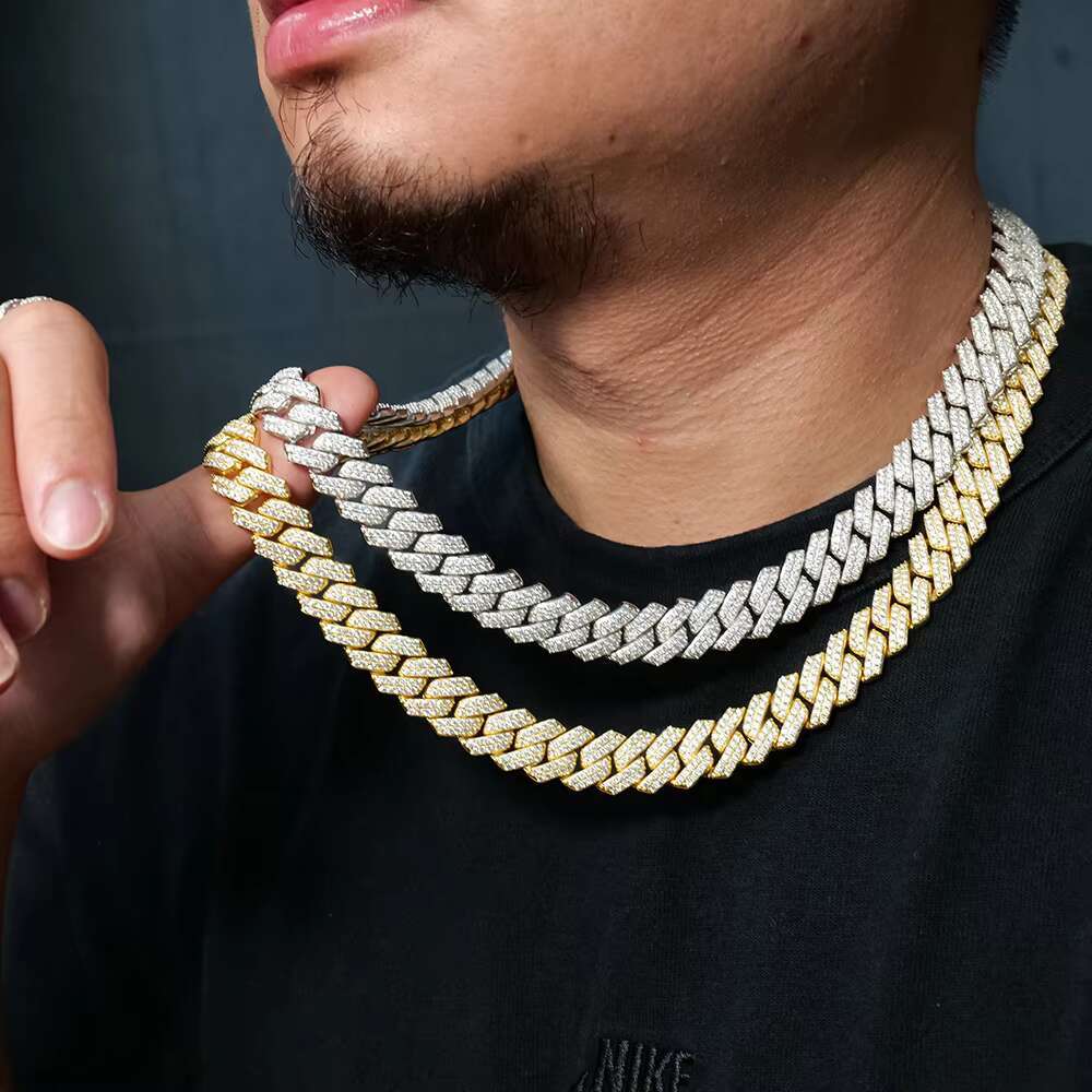 Top Fashion High Quality S925 Hip-Hop Jewelry Gold Plated 14mm Prong Link Cuban Moissanite Cuban Chain Necklace for Wholesale