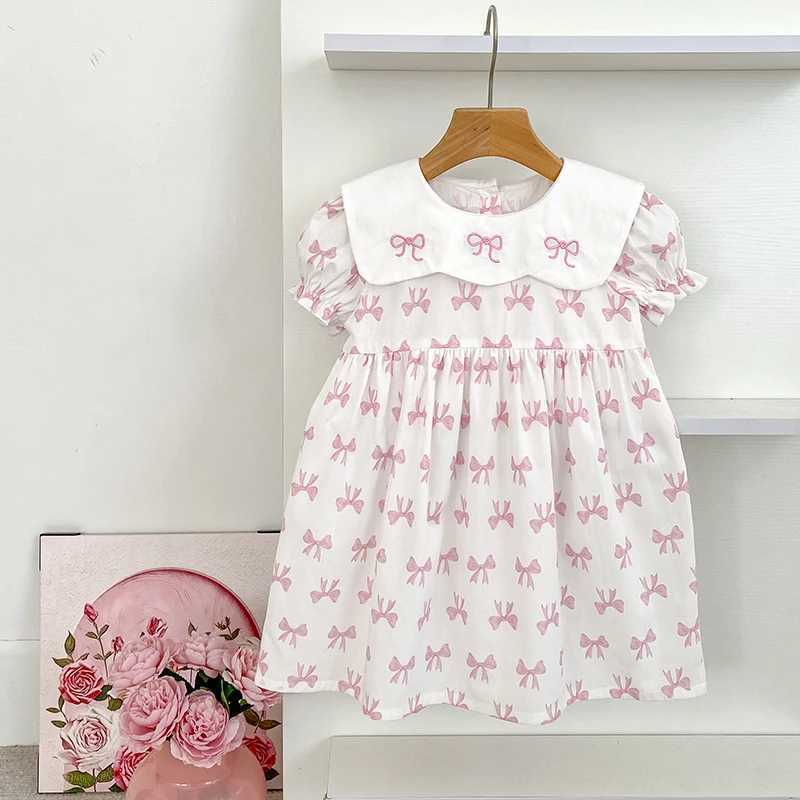 Girls Summer Dress Kids Princess Birthday Dresses Pink Embroidered Bow Dress Puff Sleeve Elegant Baby Children Clothes Dresses R250707