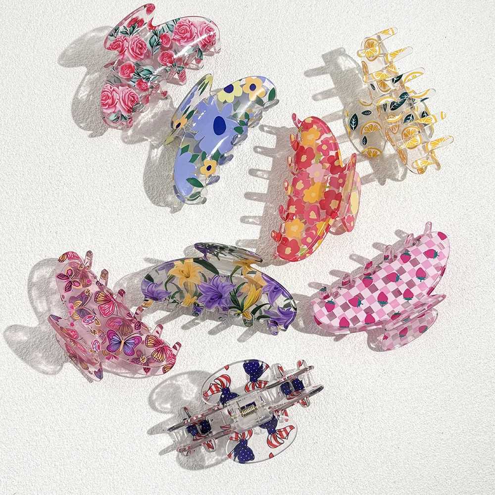 Transparent Colorful Printed Flower Butterfly Lemon Strawberry Hair Clip Claw For Women New Acrylic Barrettes Hair Accessories Y250707